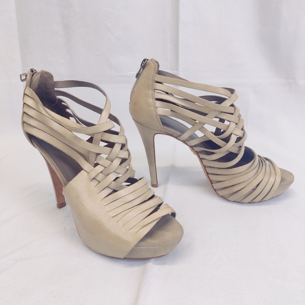 Pour La Victoire Nude Leather Cage Strappy Platform Stiletto Heels Sz 9